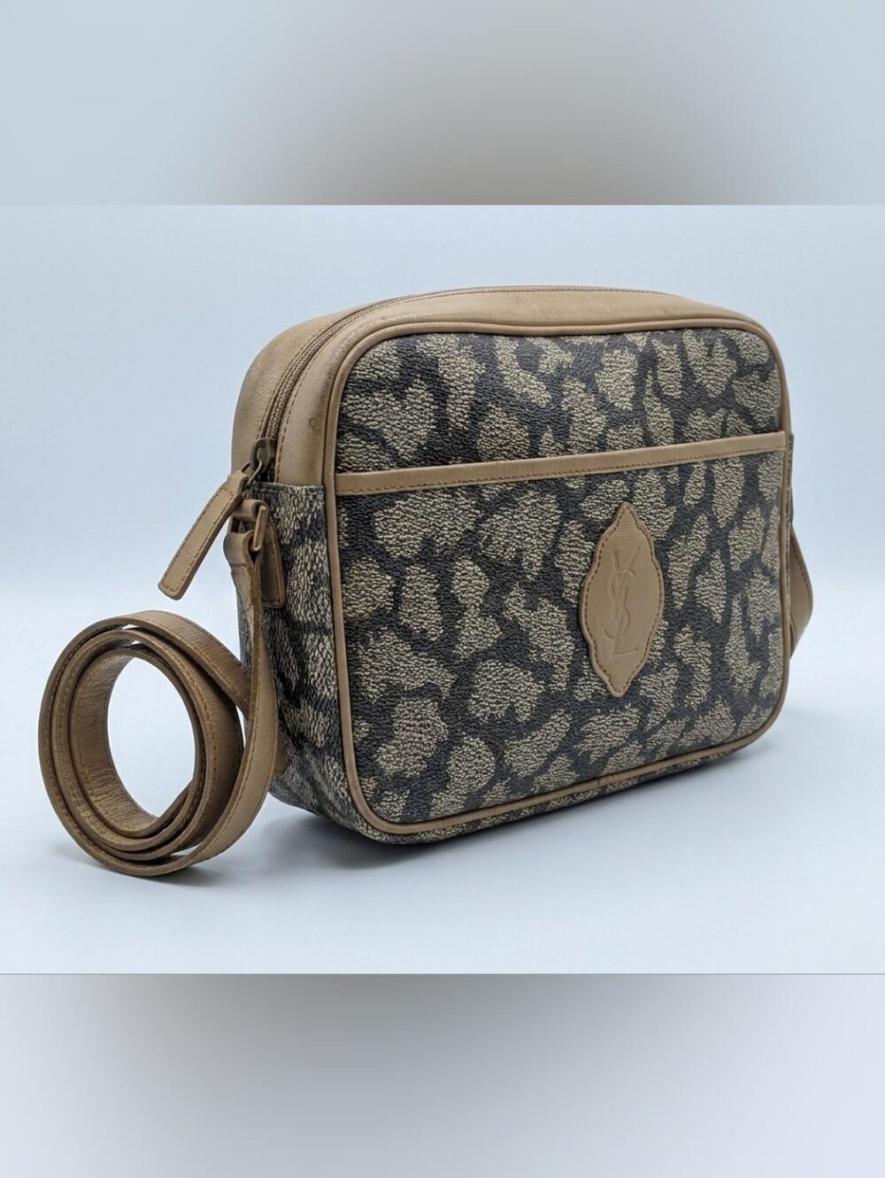 Saint Laurent Tan and Black Textured Crossbody Bag